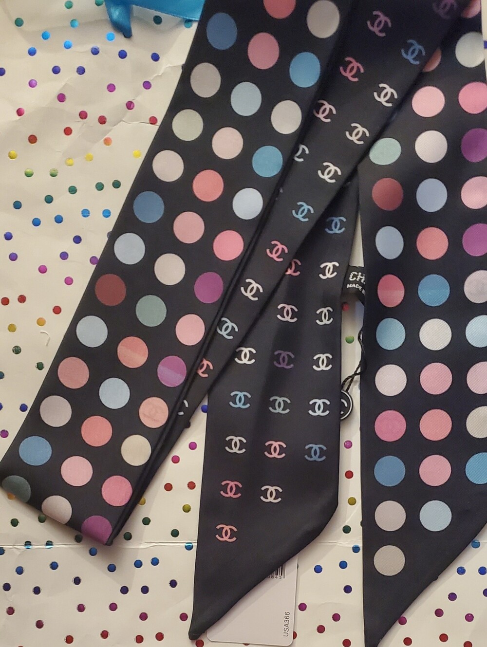 100% Silk Bag Twilly, Scarf, Hairtie; Black Silk Scarf with Pastel Polka Dots